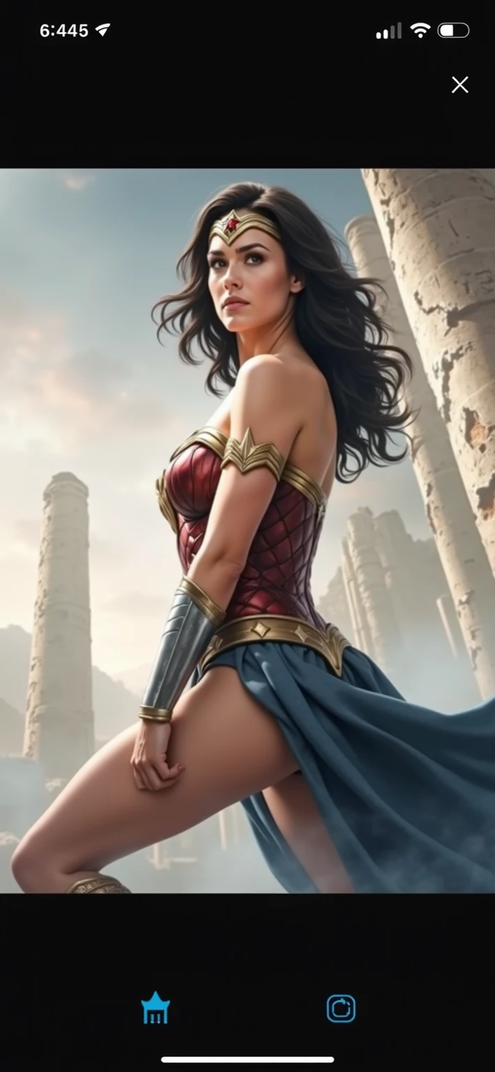 (masterpiece:1.3), (8K, Realistic, RAW Photos, Highest quality: 1.4), ((One Woman)), ((GAL GADOT, WONDER WOMAN)), Beautiful Face, (Realistic Face), Beautiful hairstyle, Realistic eyes, Beautiful details, (Realistic Skin), Beautiful Skin, Absurd, charm, Ultra-high resolution, Ultra-realistic, Very detailed, Golden Ratio, (Best Shadow), Cinematic, (Complex:1.4), (Accurate hand and finger depiction), ((Frowning, Eyes closed)), (Sweat), Flushed, Voluptuous body, NSFW ((She is sitting in ruins with her legs wide open and masturbating)), ((masturbation:1.1)), ((Not wearing underwear)), ((Inserting a dildo into the vagina, woman on top)), ((real vagina)), BREAK ((Greek temple ruins)), (steam:1.2), (cowboy shot)