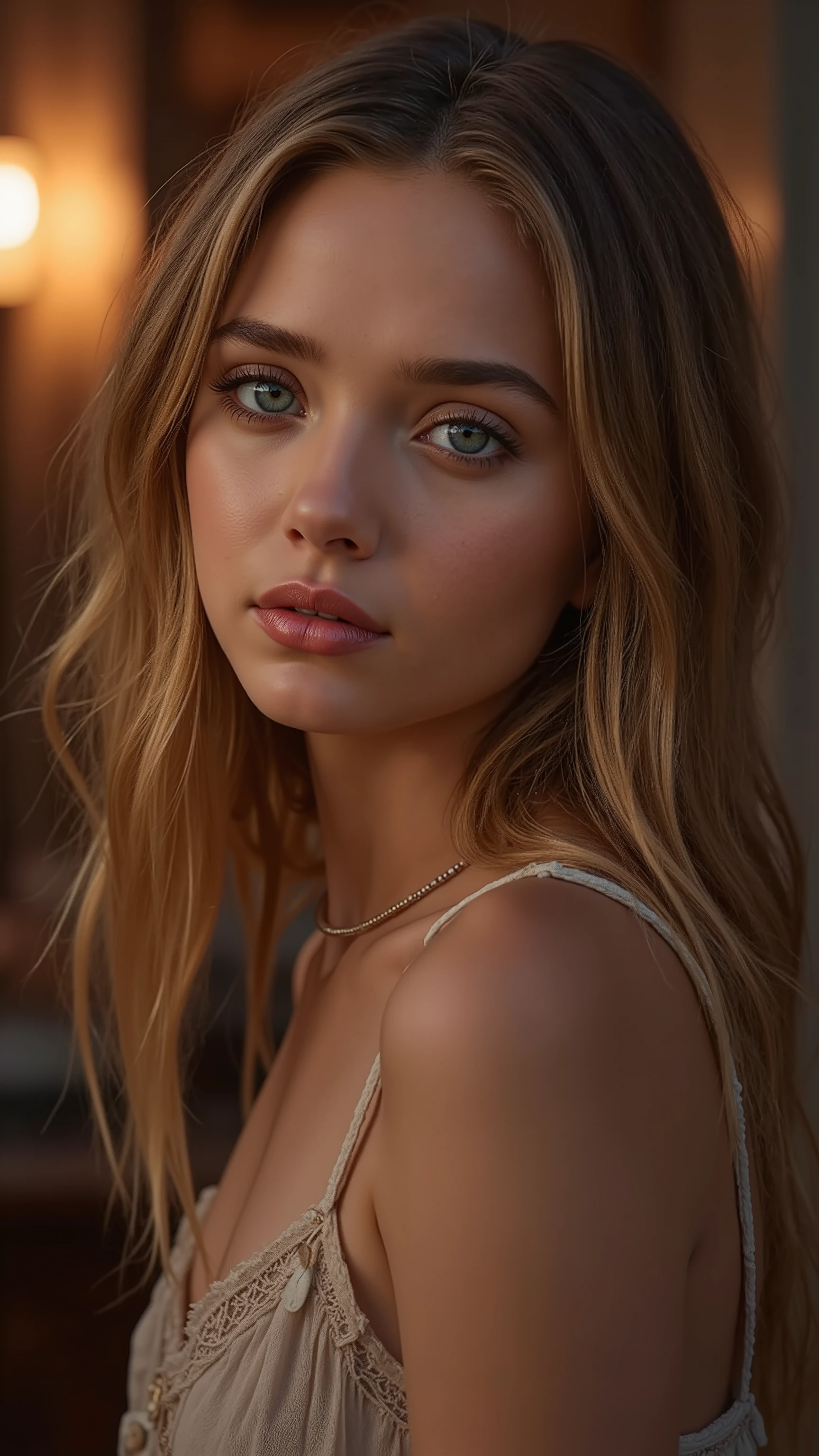 🌟 quality & silent: whole head down to below the chest, three sided view, masterpiece, 8k, ultra high resolution, hyperrealistic, very detailed, natural lighting, SLR lighting, SLR camera , Fujifilm XT3, film grain, Sharp concentration, perfect lighting. 🌌 Scene & background: different backgrounds: A romantic sunset on the beach, with warm, golden hues . A dark, mysterious forest with moonlight, that falls through the trees. A luxurious Bedroom with candlelight and silky curtains. Ein urbaner background mit Neonlichtern und regennassen Straßen. 😈 model & Styling: A young , wild girl with dark blonde hair, different hairstyles such as quin tails, tri tails, pixie cut, expressive hair, single sidelock, hair pulled back, french braid, blunt bangs, ahoge, streaked hair, flattop , which in various Poses fall loose or styled are, and bright blue eyes , glowing blue eyes, She is wearing a lightweight , torn dress made of natural materials, that underlines her free and independent nature. 🔥 Pose & Mood: Different sensual facial expressions: she looks directly at the camera , with a seductive smile and half-closed eyes. She opens her lips slightly, with a playful and tempting look. She tilts her head slightly to the side, with a dreamy and sensual expression. She looks over her shoulder, with a mysterious and intense look. Die Mood ist sinnlich, seductive and full of emotions. 💋