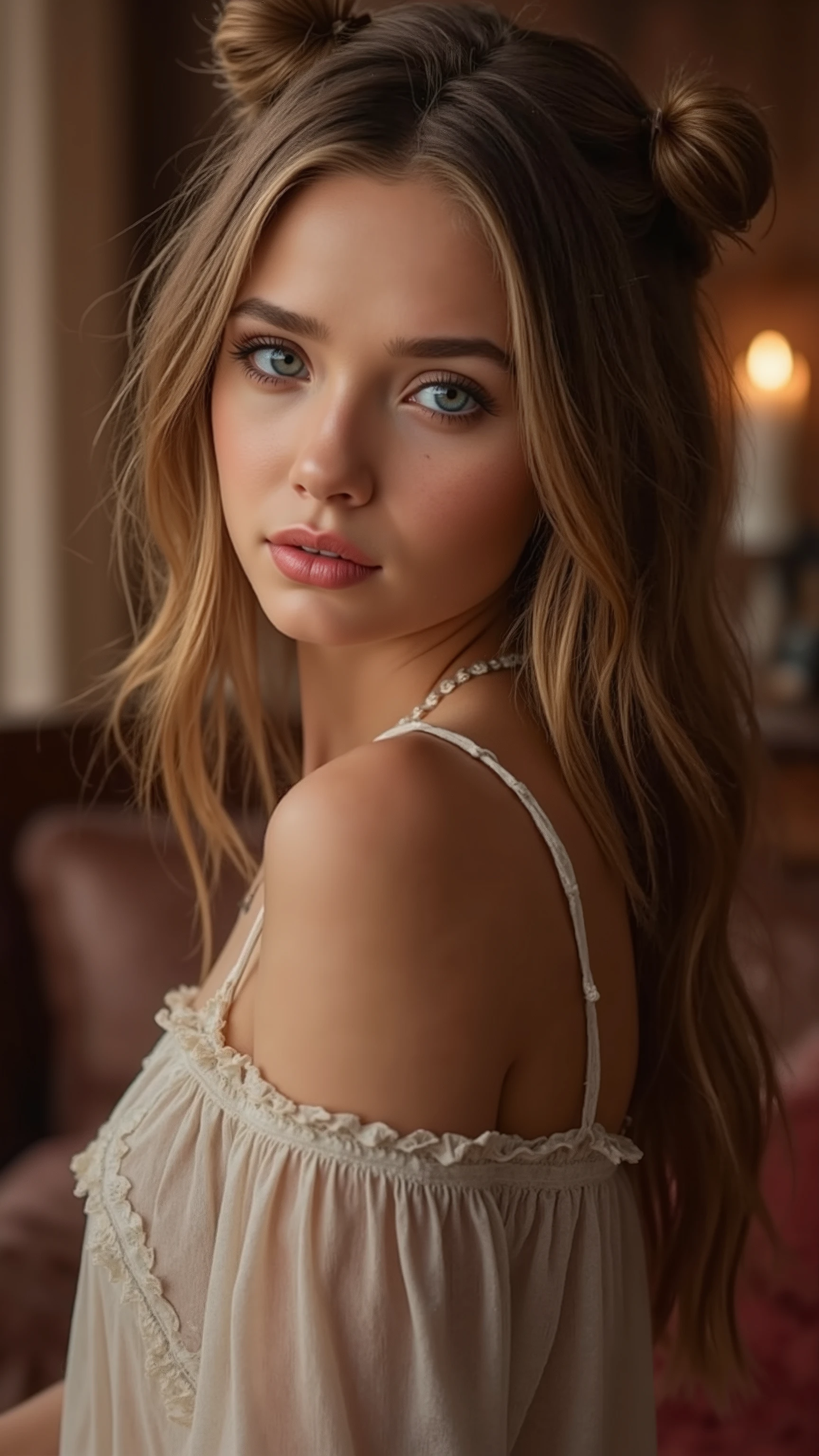 🌟 quality & silent: whole head down to below the chest, three sided view, masterpiece, 8k, ultra high resolution, hyperrealistic, very detailed, natural lighting, SLR lighting, SLR camera , Fujifilm XT3, film grain, Sharp concentration, perfect lighting. 🌌 Scene & background: different backgrounds: A romantic sunset on the beach, with warm, golden hues . A dark, mysterious forest with moonlight, that falls through the trees. A luxurious Bedroom with candlelight and silky curtains. Ein urbaner background mit Neonlichtern und regennassen Straßen. 😈 model & Styling: A young , wild girl with dark blonde hair, different hairstyles such as quin tails, tri tails, pixie cut, expressive hair, single sidelock, hair pulled back, french braid, blunt bangs, ahoge, streaked hair, flattop , which in various Poses fall loose or styled are, and bright blue eyes , glowing blue eyes, She is wearing a lightweight , torn dress made of natural materials, that underlines her free and independent nature. 🔥 Pose & Mood: Different sensual facial expressions: she looks directly at the camera , with a seductive smile and half-closed eyes. She opens her lips slightly, with a playful and tempting look. She tilts her head slightly to the side, with a dreamy and sensual expression. She looks over her shoulder, with a mysterious and intense look. Die Mood ist sinnlich, seductive and full of emotions. 💋