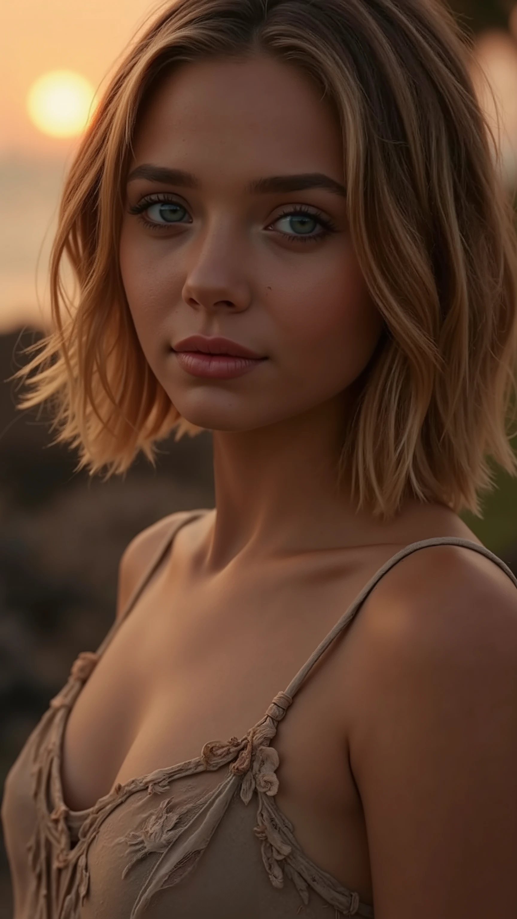 🌟 quality & silent: whole head down to below the chest, three sided view, masterpiece, 8k, ultra high resolution, hyperrealistic, very detailed, natural lighting, SLR lighting, SLR camera , Fujifilm XT3, film grain, Sharp concentration, perfect lighting. 🌌 Scene & background: different backgrounds: A romantic sunset on the beach, with warm, golden hues . A dark, mysterious forest with moonlight, that falls through the trees. A luxurious Bedroom with candlelight and silky curtains. Ein urbaner background mit Neonlichtern und regennassen Straßen. 😈 model & Styling: A young , wild girl with dark blonde hair, different hairstyles such as quin tails, tri tails, pixie cut, expressive hair, single sidelock, hair pulled back, french braid, blunt bangs, ahoge, streaked hair, flattop , which in various Poses fall loose or styled are, and bright blue eyes , glowing blue eyes, She is wearing a lightweight , torn dress made of natural materials, that underlines her free and independent nature. 🔥 Pose & Mood: Different sensual facial expressions: she looks directly at the camera , with a seductive smile and half-closed eyes. She opens her lips slightly, with a playful and tempting look. She tilts her head slightly to the side, with a dreamy and sensual expression. She looks over her shoulder, with a mysterious and intense look. Die Mood ist sinnlich, seductive and full of emotions. 💋