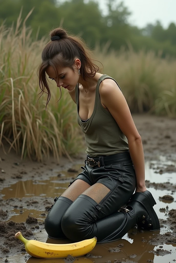 Hyperrealistische Fotografie, Woman hits a wheel, Ansicht von hinten, Schlammspritzer im Gesicht, die Gesichter sind mit Schlamm verschmiert, viele Frauen im Hintergrund, 30-year-old women smeared with mud, Emma watson, underbust corset weiß smeared with mud, ruffles, pointy pumps white high heels smeared with mud, Fishnet tights white smeared with mud, the entire body, schwarze lockige Haare mit Schlamm verschmiert, die Kleidung ist mit Schlamm verschmiert, High quality, realistische Beleuchtung, Bildmitte, Sanduhrproportionen, 8K, HDR, BDSM, medium breast size, lange Beine, professionelle Fotografie einer Frau, natural skin texture smeared with a lot of mud, 4K-Texturen, Adobe Lightroom, Fotolabor, HDR, kompliziert, elegant, sehr detailliert, scharfer Fokus, wahnsinnige Details, komplizierte Details, hyperdetailliert, Helles Kinolicht, Außenatmosphäre, Kinn hochgezogen, (exponierter Bauch: 1,8 ), (Fernaufnahme), dominanter Gesichtsausdruck