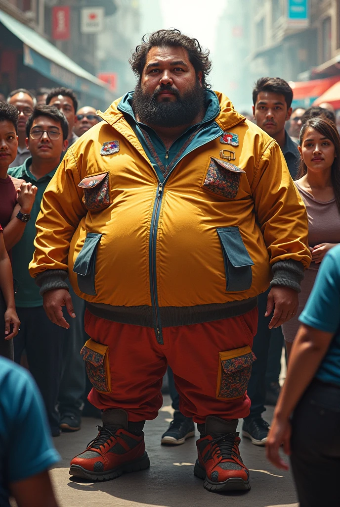A big fat man, with red shirt, with green pants, with black jacket yellow details, man with beard and black curly hair