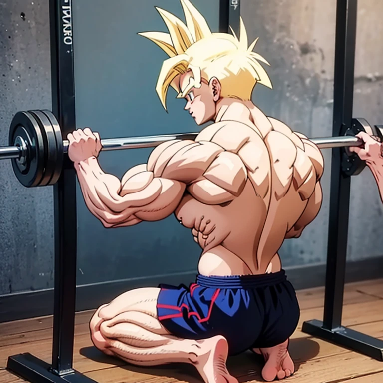 Anime-Stil , High quality full body image of Teen Gohan as a bodybuilder, Teen Gohan ist 15 Jahre alt;gohan only wears a thong , ohne Schuhe, Feet, bare Feet, massive muscular body, huge muscular shoulders, Massive big biceps, Venen im Bizeps, Muskelbeine, massive muscular abdominal muscles, Bizepsflex. posierend, Brustmuskeln, Upper body free, er schwitzt, very muscular, The well-trained body shines in the light, im Gym, hanteln, Sit-ups, Arfuss, sole of the foot , Zehen, Anime stil