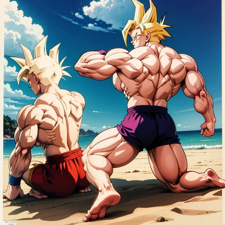 (Eine detaillierte Zeichnung von broly , Bodybuilding-muskelstrand.), With bare upper body, Kleidung boxershorts, the strongest of all, huge muscular body, big Bizeps, large shoulders, Muskelbeine,Abs, barefoot, Toes , Full body image , flexing muscles on the Beach, muscular claws, naked muscle legs, squats