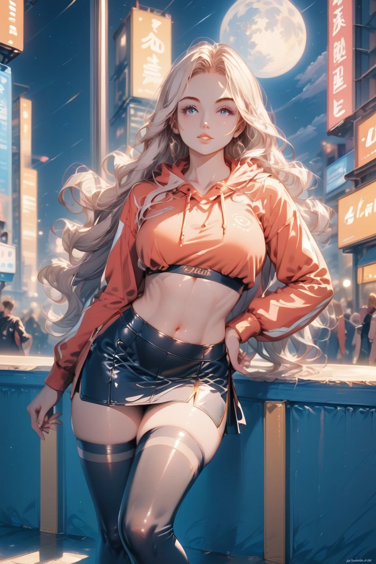 maximum quality、Superior image quality、Masterpiece artwork、girl with((cute、18 yearbest bust、medium bust、bust 85,Red eyes to emit、wide open breasts,valley、long blonde hair、A slender、black leather bra、black leather jacket、White pants、Surprised face、Follow your audience)high qualiy、linda arte、Background with((nighttime city、The ground glows red、Divided Earth、Floor current)),tabletop、Design elaborated、visual artwork、depth of fields、The best lighting、More Detailed、