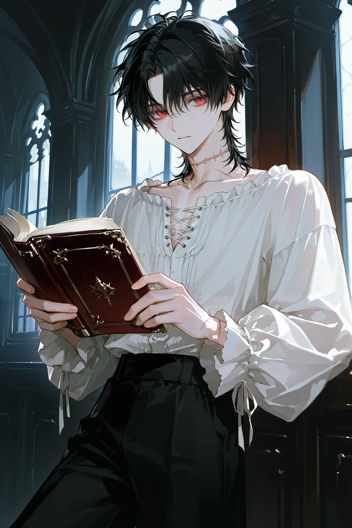 1 male, messy short black hair, red eyes, horizontal scar on neck, wearing a white medieval-style ruffled shirt, loose-fitting, black pants, holding a book, gothic mansion library background, mysterious and dreamlike atmosphere.