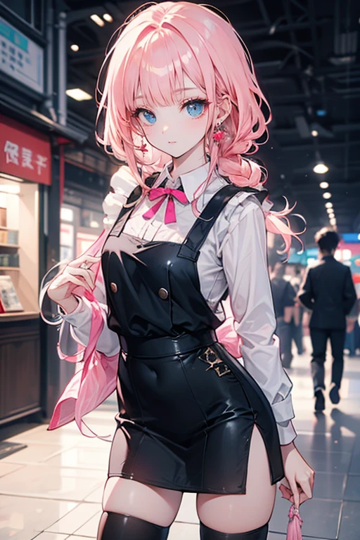 tmasterpiece、Need、1 female student、White cloth bun bun bun、Shoulder leakage、The chest is large、chubbiness、ssmile、Black suspender tights、lace leggings、pale pink lip、posing at school,legs are open, 独奏,Denim dress looking at the viewer, (Thigh thick:1.0),Yazawa Nico,red eyes, face flushed,Blunt hair,both hands on hip,greet,Flower headdress,Large scissors