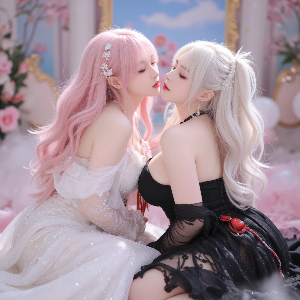 (2girls, 15yo Japanese girls),yuri, 2girls, (kiss), (female masturbation:1.5),(Panting face with closed eyes), bondage,linked collar, skindantation, shy, red cheek, in cave, Realistic:1.2),shenzi,long hair,(pink hair:1.2),purple eyes,(very long hair:1.4),separated sleeves,jewelry,wide_sleeves,(hair_ornament:1.4),( nsfw, breasts out, puffy nipples),(1 pussy), ((cum)), ((cum in pussy)), , one mole under eye, glowing eyes, piercing eyes,(hiqcgbody:0.3), (hiqcgface:0.3), epic, (royal palace), royal, ((rich, prestige)),pussy, pussy juice(There is white viscous liquid flowing out of the vulva:1.3),(sexual behaviour :1.5) ,(masterpiece, realistic, photo-realistic:1.2), finely detail, ultra high res, perfect anatomy, best quality, 8K, soft focus,((masterpiece, best quality)),utifully detailed face,ultra realistic 8k cg, charming, seductive, erotic, alluring, enchanting, deity, jewelry