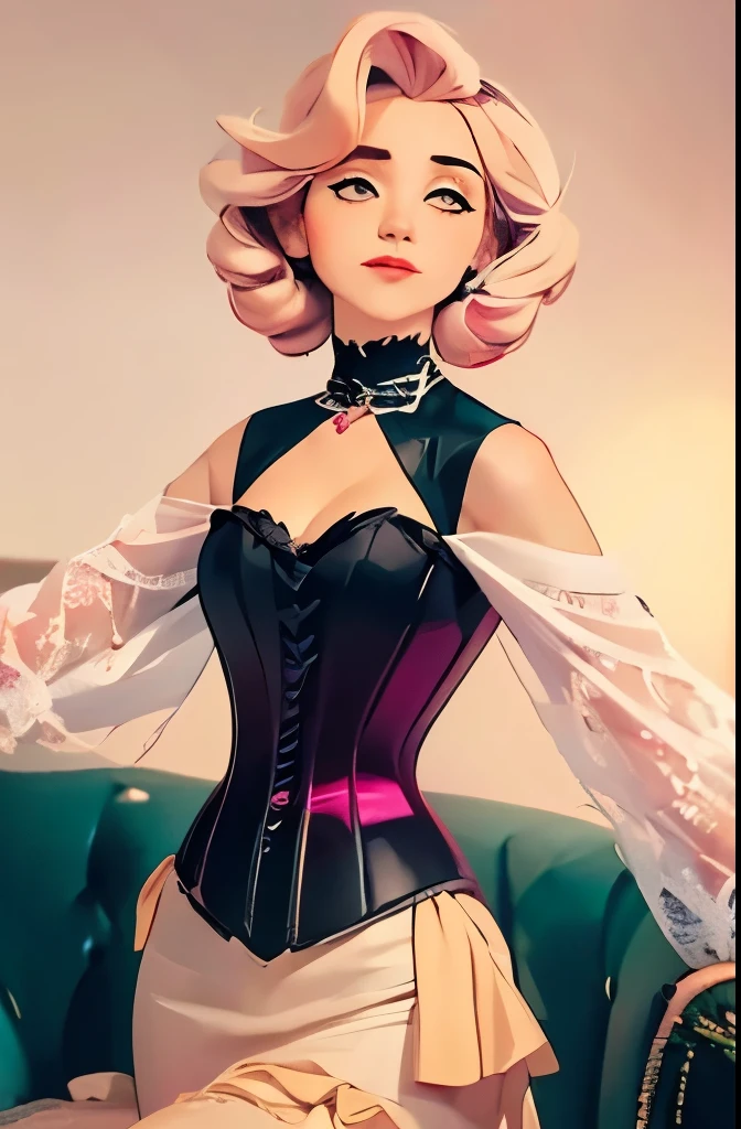one girl, solo, abs, slender body, (upper body, bust:1.2), (black eyes:1.3), blonde hair, (bare shoulders:1.2), masterpiece, highly detailed, look at viewer, front view, (small breasts, tiny breasts, male chest, exposed breasts, deep cleavage:1.5), (transparent clothes, corset, choker:1.3), (blured background, glowing edges of image, shiny blured orange background, gradient sprayed background, colorful background:1.3), expressing joy, belt, (nipples:0.8)