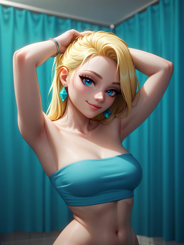 Beautiful 1girl, full body, teenager, solo, (very long waist length blonde hair, straight blonde hair: 1.28), ((light blue eyes)), clear skin, (large darker fox ears: 1.35), pale skin, medium breasts, cleavage, (thin hips, thin waist , athletic body: 1.25), background, looking away, shy smile, revealing clothes, (wearing a tight cropped t-shirt & bikini bottoms: 1.5), (groping chest: 1.37), (tropical waterfalls, laying water: 1.15), 4k textures, soft light, elegant, highly detailed, sharp focus, soothing tones,