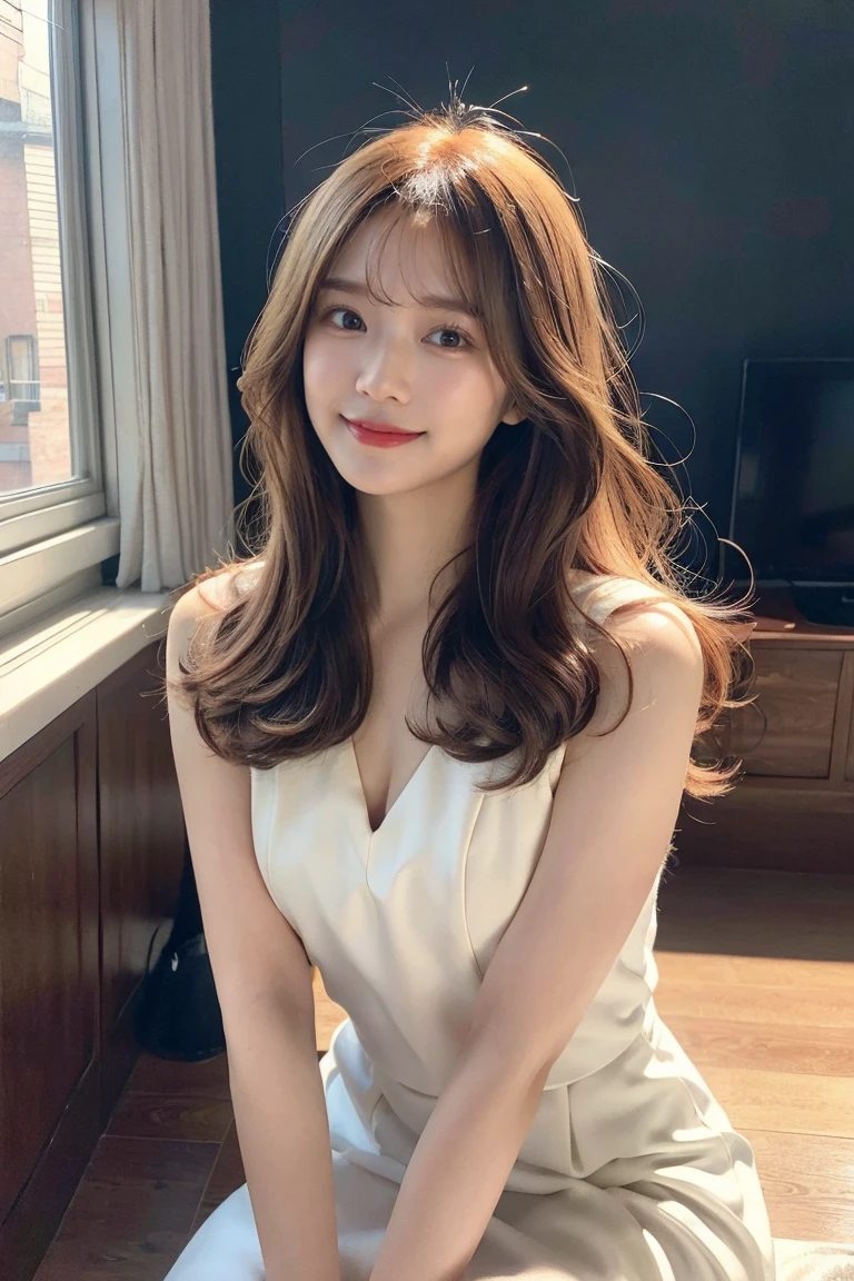 Beautiful detailed face、Pale skin、Realistic glowing skin、Detailed cloth texture、Detailed hair texture、Perfect body、Beautiful Face、correct、Anatomically correct、 Highly detailed face and skin texture、Natural neck length、(Beautiful Hands)、(Fair skin:1.2)、Thin legs、Thin legs、detailed eyes、Symmetrical eyes、Light brown eyes、double eyelid、Thin eyebrows、(Glossy Lips:1.4)、((Gentle smile:1.2))、(blush:1.1)、 (Elegant and cute girl:1.3)、Medium-sized large breasts、(Slim body type:1.1)、Toned Abs、Beautiful clavicle、 (Dark Blonde、Wavy Hair、Long Hair:1.2)、 ((Asymmetrical bangs:1.2))、 ((In a stylish office at night:1.4))、(Cowboy Shot:1.2)、standing gracefully、White long sleeve button up blouse_With collar_Remove up to the second button_Brown pleated mini skirt