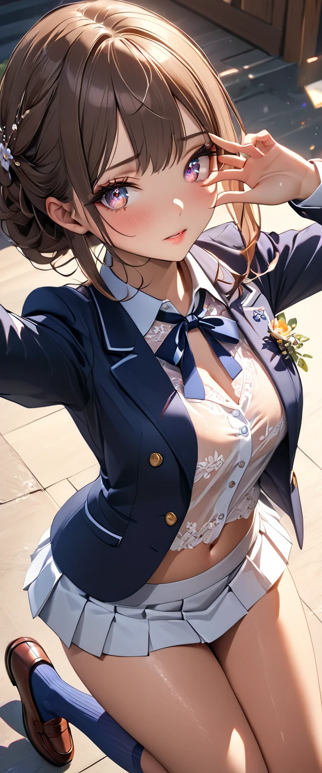 (cowboy shot: 1.5), (white background, simple background: 1.5), (masterpiece:1.5), (big breasts: 1.5), (1 girl: 1.5), young woman, (Beautiful Girl:1.5), (extremely detailed and delicate anime face and eyes:1.5), whole body, (natural light, HDR, extremely details CG:1.3), (dynamic posture:1.3), {correct body anatomy}, (wide hips: 1.3), (perfect hands: 1.5), single focus, toned body, Beautiful Lips, thick lips, {surreal}, {correct posture}, {minutes details}, {detailed body}, {detailed clothing}, (Bright Eyes: 1.3), (cleavage: 1.3), {accessories}, {sexy}, (black wafuku: 1.5), (black school uniform: 1.3), (Short navy blue blazer: 1.5), (black blouse: 1.3), long sleeves jacket, (short skirt: 1.3), skirt, (bowtie: 1.3), hairclip, jewelry, earrings, (white pantyhose: 1.3), loafers, (light smile: 1.3), (low ponytail: 1.3), (light brown hair: 1.5), (parted bangs: 1.3), (half updo: 1.5), glowing hair, (bright maroon eyes: 1.3),