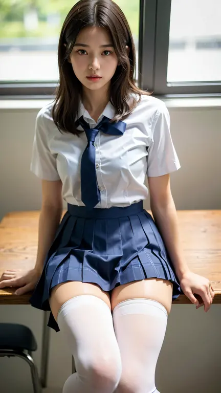 The Arapei woman in a white shirt and blue dress crouched down to get the package, wearing a Japanese school uniform, japanese girl school uniform, Japanese school uniform, Japanese model, in school uniform, thighhighs and skirt, dressed as schoolgirl, cute female student, young pretty gravure idol, in school uniform, Young sensual gravure idol, Korean girl