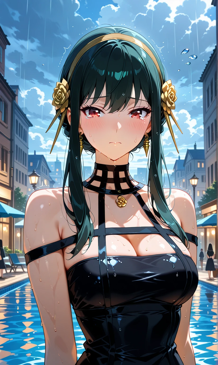(1girl, light green hair medium hair half updo, black eyes, , doyagao) (digital) (in detailed road, (evening gown, plunging neckline)) , best quality, <lora:boldline:0.2> <lora:hairdetailer:0.2> stlouis, <lora:stlouis:1>