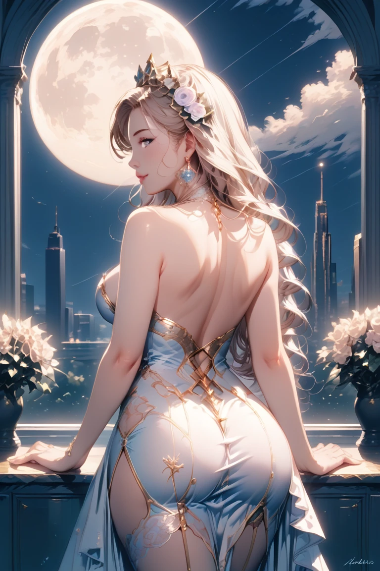 ((of the highest quality)),(ultra high resolution),(Super detailed),(Detailed description),((best cg)),(best work of art),super precision art,great art of drawing,(Art with precise details.:1.5), (1 noblewoman:1.6),beautiful and shapely face:1.5,light makeup:1.6,(Colorful backless dress with intricate details.:1.8),hairstyle hair:1.6, balcony of the old castle:1.5,sunset sky:1.5