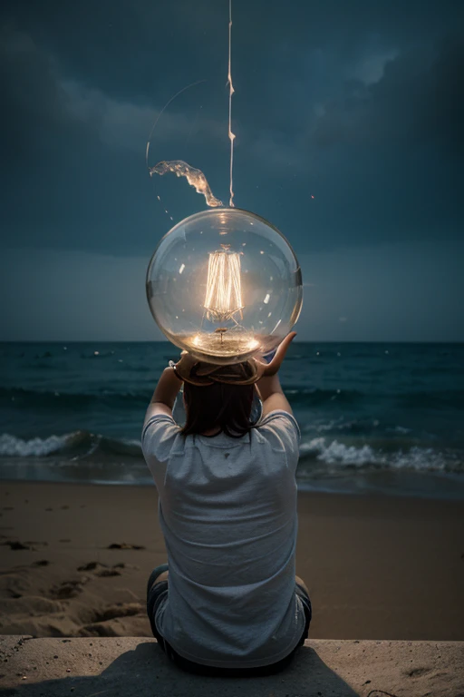 Believe me a person floating in the sea hugging a jar