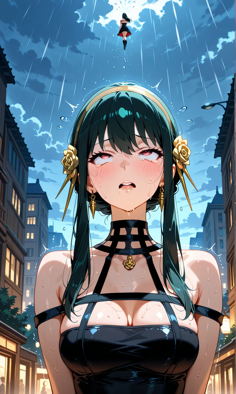 Detailed Background、A person who writes in detail、Accurate human body、Knowledgeable person、The correct five、1 mature woman,18-year-old,Excellent anatomy, masterpiece, highest quality,Realistic, hyperRealistic, 16K HDR,(Braiding,Cleavage,damaged body,Sweat,Beautiful Face,Mature Woman,(,Metal collar:1.2) ,(handcuffs:1.2),(On all fours,top down:1.3),Fantasy World,Outdoor,village,blue sky,(Surrounded by many vicious horny goblins:1.3),(Chain Leash,Pull the leash,lead:1.2),(Goblin Riding, Goblin riding a girl,Grab her head:1.3),From the side, Thick thighs,cruvy body,black hair,short hair with long locks,short hair,sidelocks,purple eyes,bangs,black hair,Black Hair,short hair ,with long locks,short hair,Side Lock