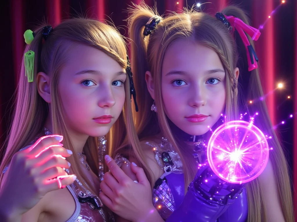A closeup of a child with long hair and lights on his head, little girl with magical powers, painting digital adorable, Directed by: Hristofor Zhefarovich, portrait of magical young girl, glowing flowing hair, magic lighting overlays, menina bonita, luzes brilhantes! Pintura digital, fiber optic hair, menina bonito, cabelos eletrificados, flowing glowing hair