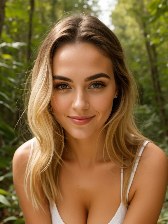 , 25 ans, delicate, poudre de contour, sexy, spiderman cosplay, intricate details, French touch, cheveux de longueur moyenne, cheveux blonds, yeux bleus, sourire romantique, seductive look, bonne couverture, de nuit, éclairée par les flashes des photographes, skin details, pores de la peau, sexy, Samsung S22 Ultra digital camera, dans la jungle