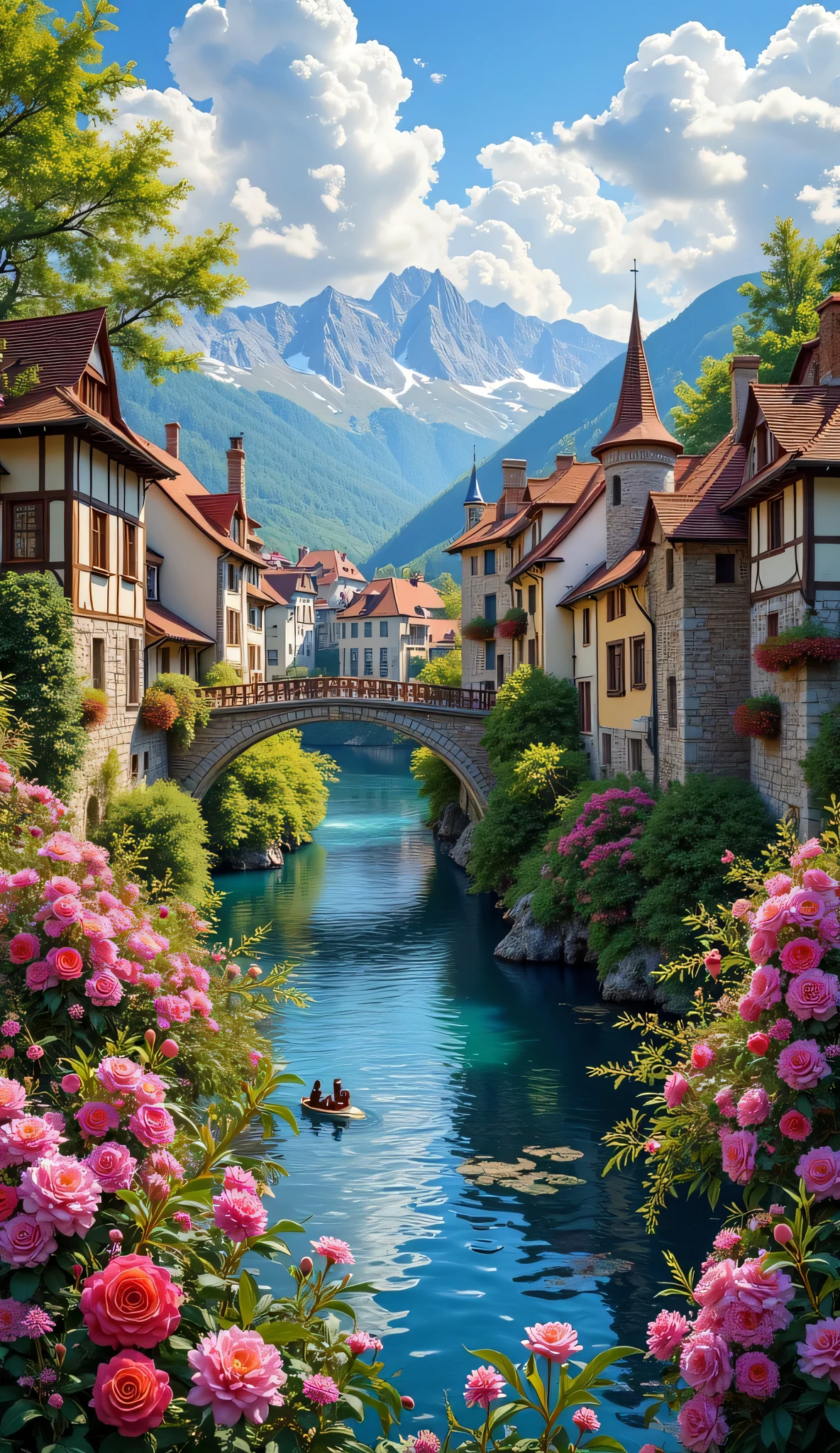 embroidery pattern, 24 colors、medieval European rural masterpiece 、 bright flower color 、 breathtaking , dramatic expressions in intense style 、 Little village 、 Gothic bridges 、 a river 、 ШЕДЕВР BREAK 、 transparent, crystal transparent water, high-quality intricate details 、 super transparent 、 Screen environment 、 Realistic shadows 、 Strong buildings、 The image quality is excellent、 many ways to see blooming flowers。