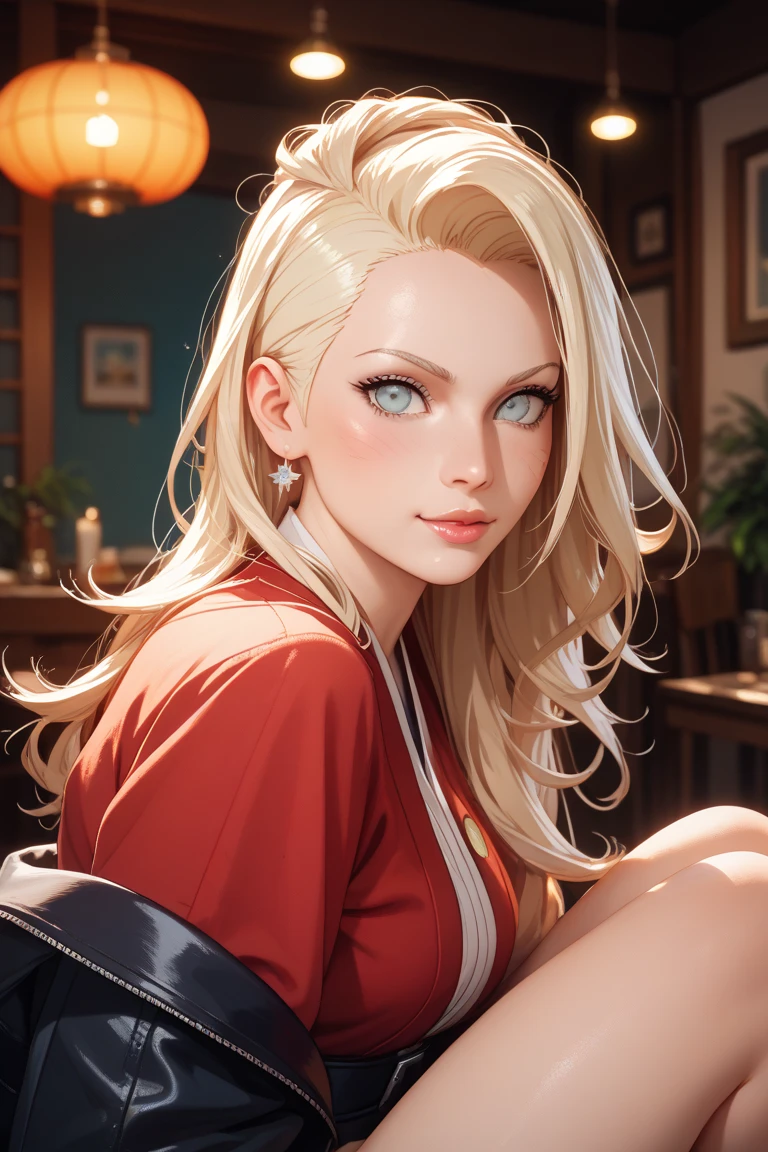 High resolution, masterpiece, perfect lighting, bloom, cinematic lighting, adult, Perfect skin, female, (looking at the viewer:1.4),Alone, Realistic skin, eyeliner, realistic red lips, (photorealistic), swollen eyes, evening, straight blonde hair, neckline, view from above, (Bukkake), As, As on face, Tsunade \(Naruto\), huge ,sexy mini green dress,Brown eyes, 

