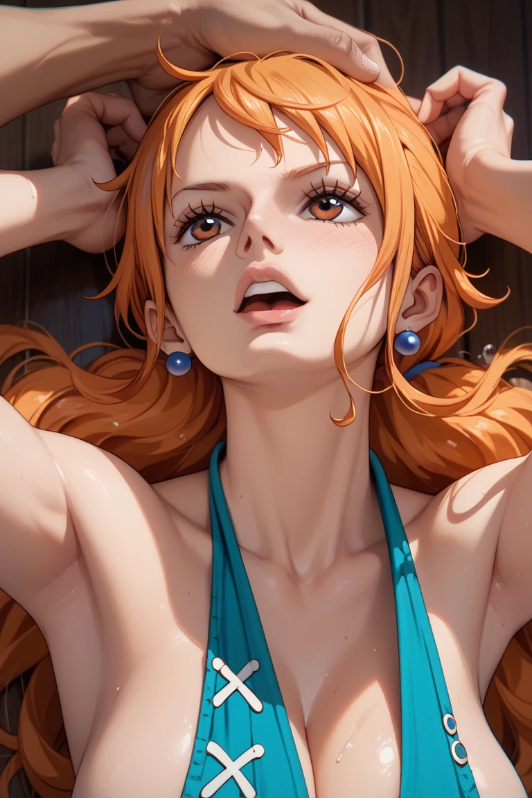 A cartoon drawing of a woman in a bikini and panties, nami from one piece, nami one piece, retrato de corpo inteiro de um curto!, corpo inteiro!!, !!retrato de corpo inteiro!!, corpo inteiro:: tempo ensolarado::, hands behind her body pose!, por :5 sexy: 7, cheio_corpo!!, corpo inteiro!, from one piece, lineart colorido