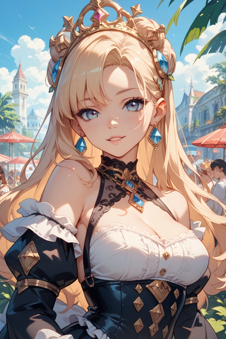 A beautiful 28-year-old woman, Navia, wearing sexy lingerie, stands in a crowded French city, hyper detailed huge breasts and ultra detailed features rendered in the best quality, 4K masterpiece.
