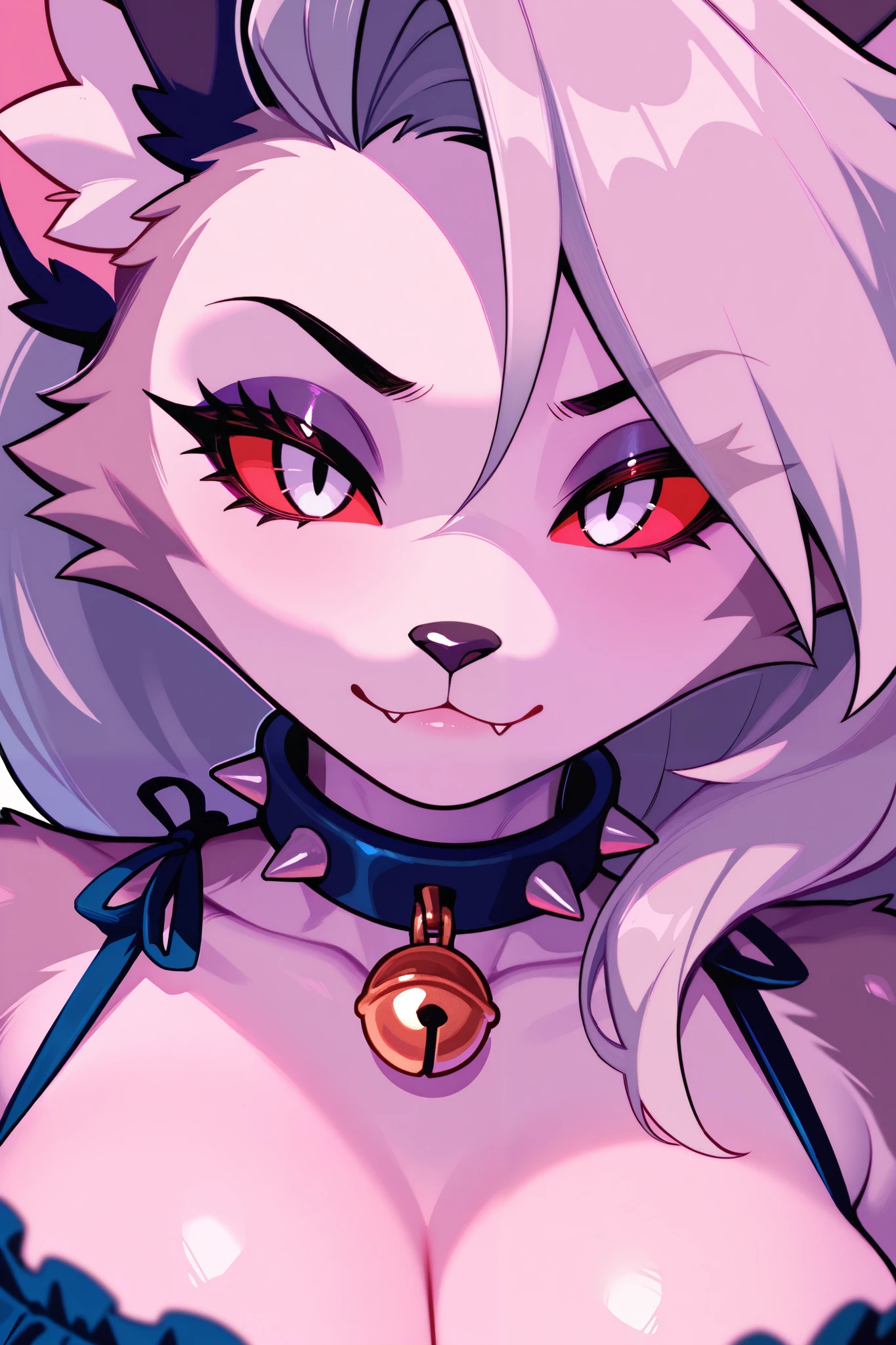 (masterpiece, best quality, very aesthetic, absurd:1), oounastyle, 1girl, anthro furry, furry, solo, loona \(helluva boss\), red sclera, white eyes, irritated, spiked collar BREAK, (cat lingerie), (seductive curves focus, seductive curves close-up:1.2)