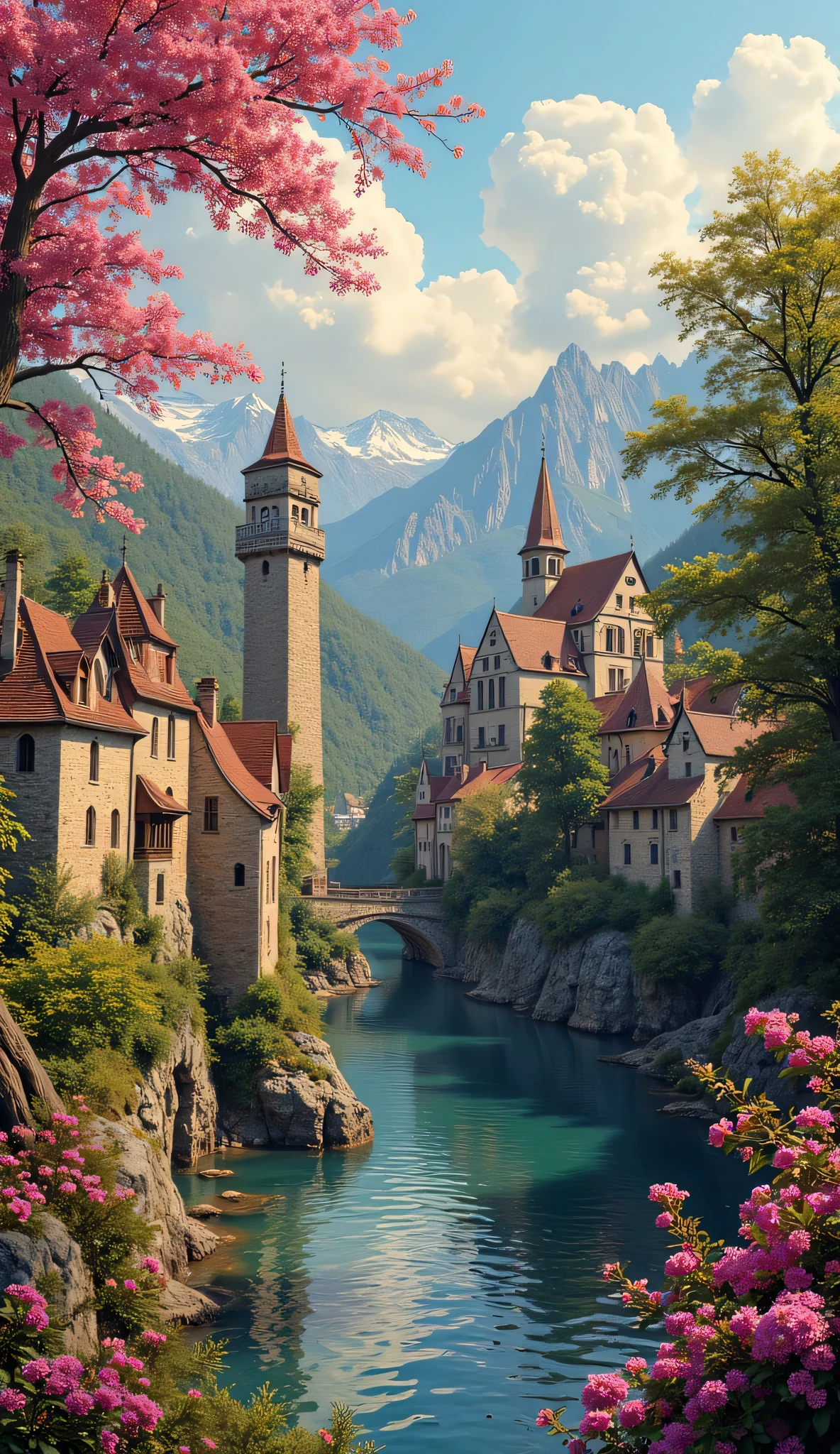 embroidery pattern, 24 colors、medieval European rural masterpiece 、 bright flower color 、 breathtaking , dramatic expressions in intense style 、 Little village 、 Gothic bridges 、 a river 、 ШЕДЕВР BREAK 、 transparent, crystal transparent water, high-quality intricate details 、 super transparent 、 Screen environment 、 Realistic shadows 、 Strong buildings、 The image quality is excellent、 many ways to see blooming flowers。