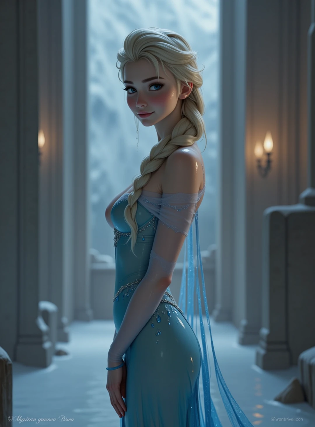 Beautiful girl Elsa Frozen undress view from under with big ass and big pussy