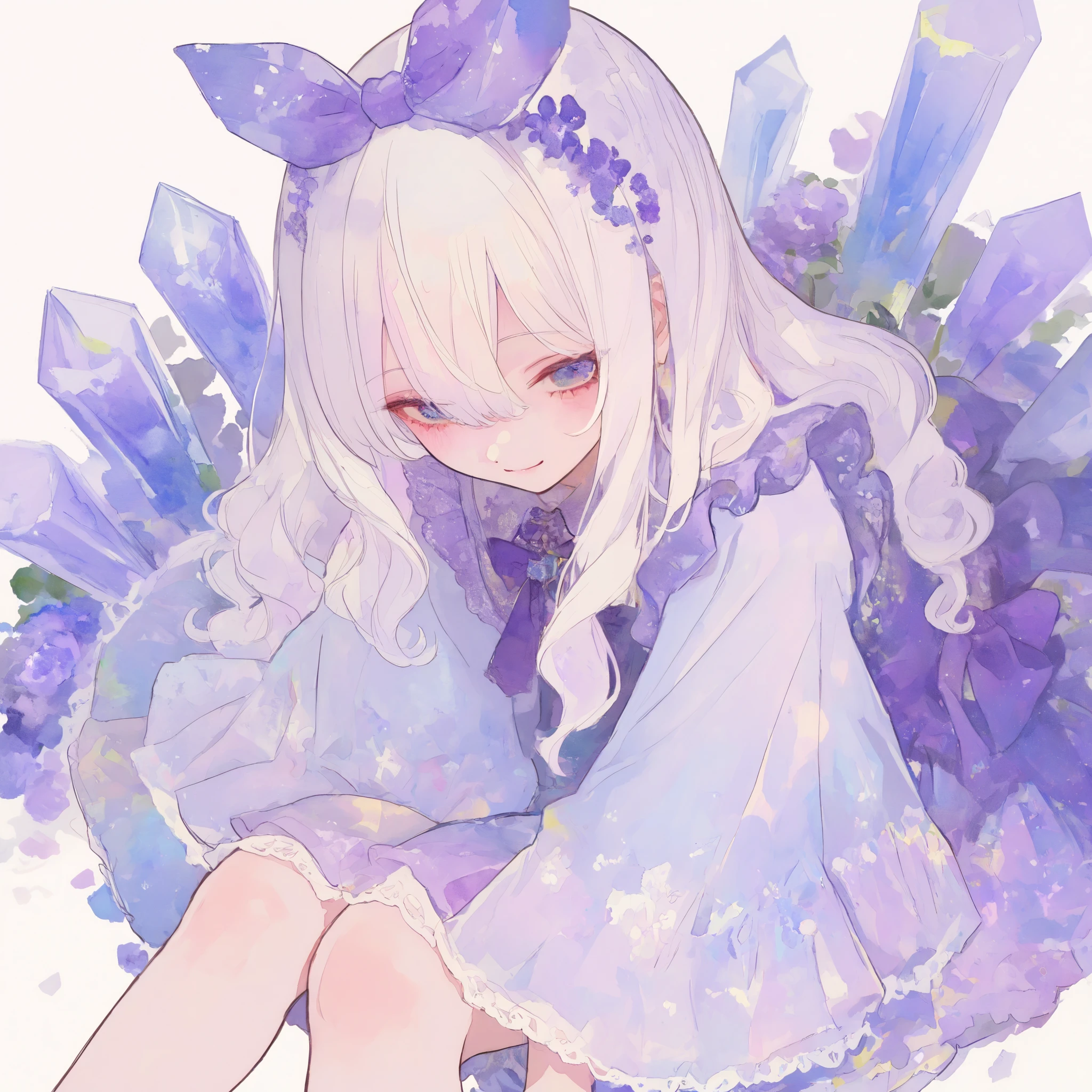 chibi: 1.2, cute: 1.2, cute eyes: 1.2, soft: 1.2. smile, (change: 1.5) ((masterpiece, details: 1.2)) (top quality), (masterpiece: 1.2), (colorful: 0.9), (Color Scattering), (watercolor), sharp concentration, high definition, ( anime style: 1.1), ((top quality)), (Super details), (beautiful), alone, white hair, Natural curly hair and blue eyes, wearing a purple lace crystal dress, long, wide sleeves, She has a purple lace crystal dress with a big purple bow on her back, cute, Purple flowers on her head, masterpiece, best image quality, top quality, Alice in Wonderland costume, colorful long blond hair, colorfulな目, top-down perspective , sitting, 背景は紫のwatercolor画風