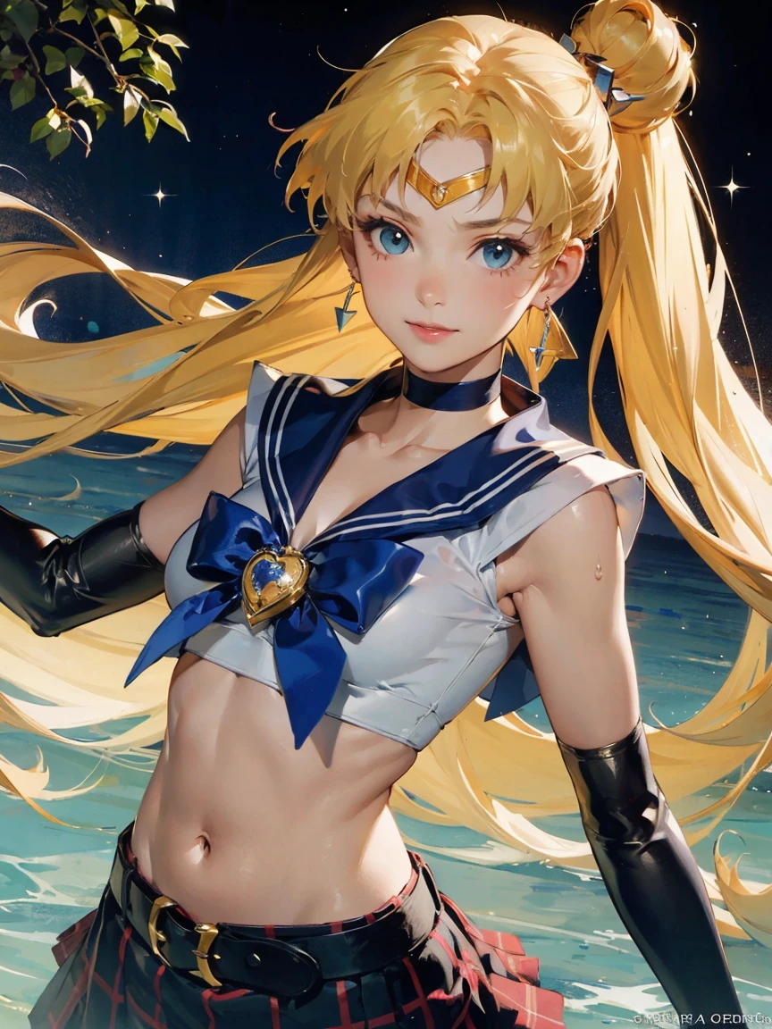 ((Highest quality,Extremely detailed CG Unity,32K)),stand、 (( Professional quality,Perfect photo, Ray Tracing, Perfect volume lighting )), ((Hyper Detail,Intricate details))((Masterpiece)),眩しいハイライトが入ったプラチナblondeの髪、Shiny bright hair,、Shiny beautiful bangs、Sparkling, clear, attractive big blue eyes、Very beautiful, lovely and cute girl、((Dressed up:Sailor Warrior Uniform:,Purple enamel pleated skirt:1.2,,White panties)),((Hola, Close fitting high gloss pearlescent latex leotard:1.3))((Sailor Warrior Uniform:Sailor collar,)),((A large red ribbon on a very large chest in the center of the chest,,,,,,A big red ribbon on her butt,Long pearlescent latex gloves,,Purple enamel long knee-high boots, Earrings、luxury gold jewelry decoration)),((Hola, Close fitting high gloss patent pearl leotard)))((Camel Toe)monspudis,,(((blonde))),(Very long hair:1.6),Twin tails、((dramatic graphic background:Starry Sky,Moonlight rays,Giant Moon、Dynamic ocean background)),High kick pose,(Spread your legs:1.1)