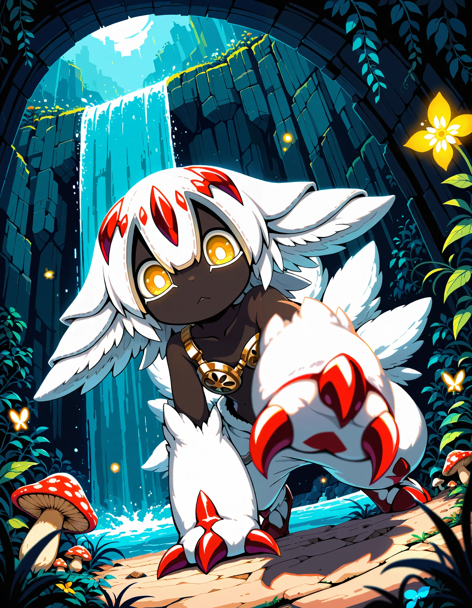(faputa:1.25), looking down at viewer, under surface view, low-angle view, reaching towards viewer, glowing eyes, claws, empty eyes,:<, BREAK, masterpiece, best quality, made in abyss, restricted palette, pixel \(artwork\), detailed background, depth of field, shadow, magenta light, cyan light, dark night, cliff pillar, runis, plant, waterfall, mushroom, flower, ambient firefly