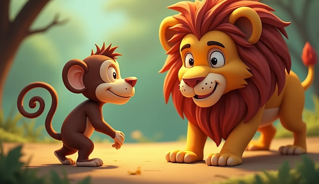 Create 3D cenametic cartoon animation of this prompt "Cut to a montage of the monkey and lion becoming friends"