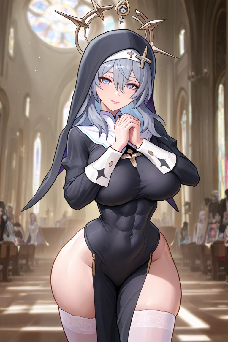 1girl, solo, long hair, breasts, looking at viewer, blush, smile, bangs, large breasts, simple background, thighhighs, long sleeves, white background, dress, animal ears, cleavage, closed mouth, blue hair, purple eyes, tail, braid, thighs, alternate costume, puffy sleeves, black dress, white thighhighs, covered navel, horse ears, juliet sleeves, horse girl, pelvic curtain, horse tail, nun, habit, ear ornament, breast curtains