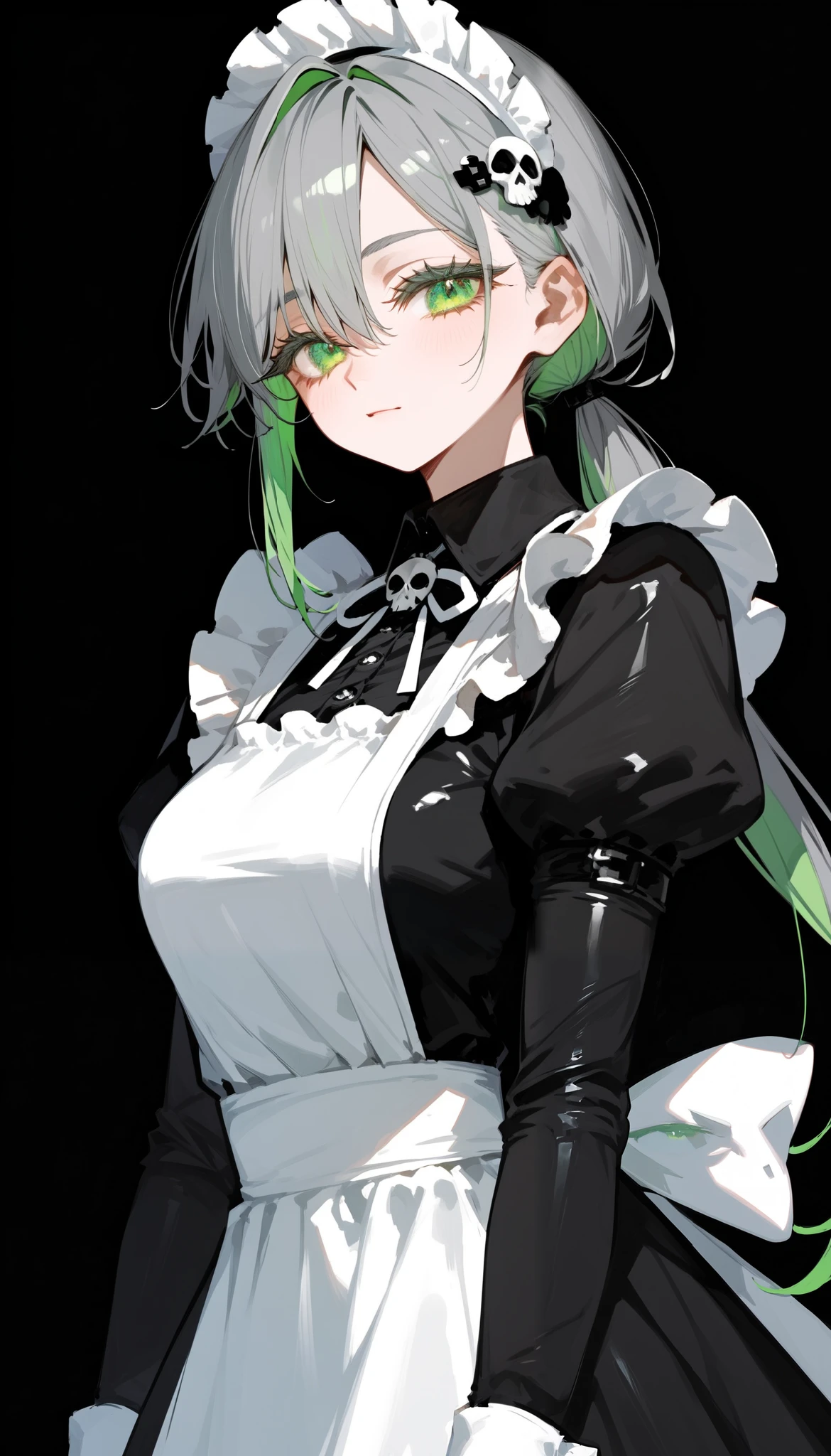girl,Gray hair,two tone hair,Green Hair,long hair,in green eyes,Hairless Color,Skull Hairpins,black dress,Medium Bust, Tomboy,cute,Maid outfit,,milf, low ponytail ,black background,Long eyelashes, in the form of a whole body.,Cyber,long skirt,Long Sleeve Dress ,All Body Shape, black leather shoes