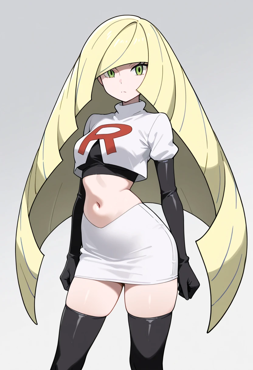 8k, masterpiece,highres,very large breast, team rocket uniform, red letter r, white skirt,white crop top,black thigh-high boots, black elbow gloves, glaring angrily, looking down at viewer, hands on hips, cowboy shot, zettai ryouiki,from below, black panties,anime style, vivid colors, sharp focus, intense lighting,pokemoncynthia, blonde hair, hair ornament, hair over one eye, long hair, (yellow eyes:1.5)