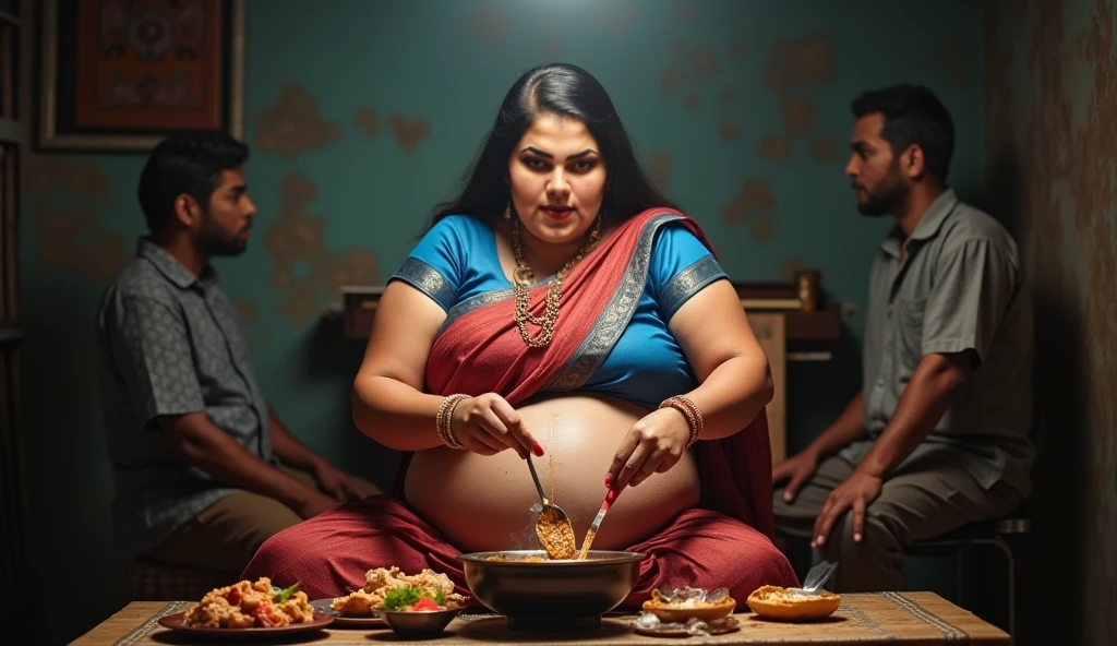 Extremely fat beautiful young Indian woman with enormous belly and bulging cheeks eating naan