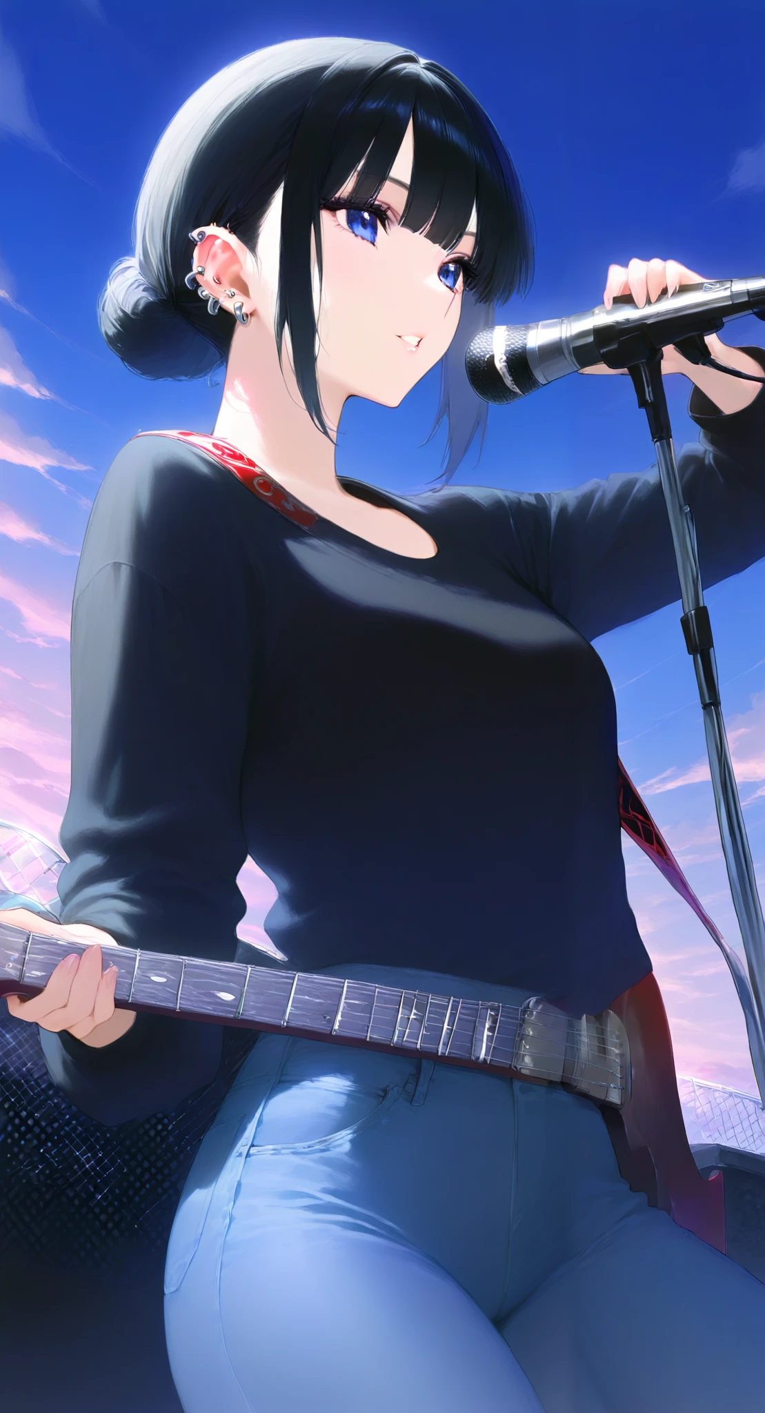 nimedXLjm. masterpiece, best quality, very aesthetic, absurdres, sharp details, (((Highest Quality))), 1girl, instrument, guitar, solo, blue eyes, music, sky, black hair, pants, shirt, holding instrument, microphone, electric guitar, holding, black shirt, hair bun, outdoors, parted lips, piercing, bangs, single hair bun, microphone stand, jeans, playing instrument, denim, ear piercing, jewelry, earrings, long sleeves, cloud