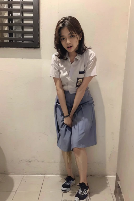 (pp clothes), (realistic), A girl sees the ghost and peed herself, standing in Alley, peeing herself on to skirt, peeing:1.3, urination:1.3, pee stain:1.2, pee puddle:1.1, view to viewer, face view to camera