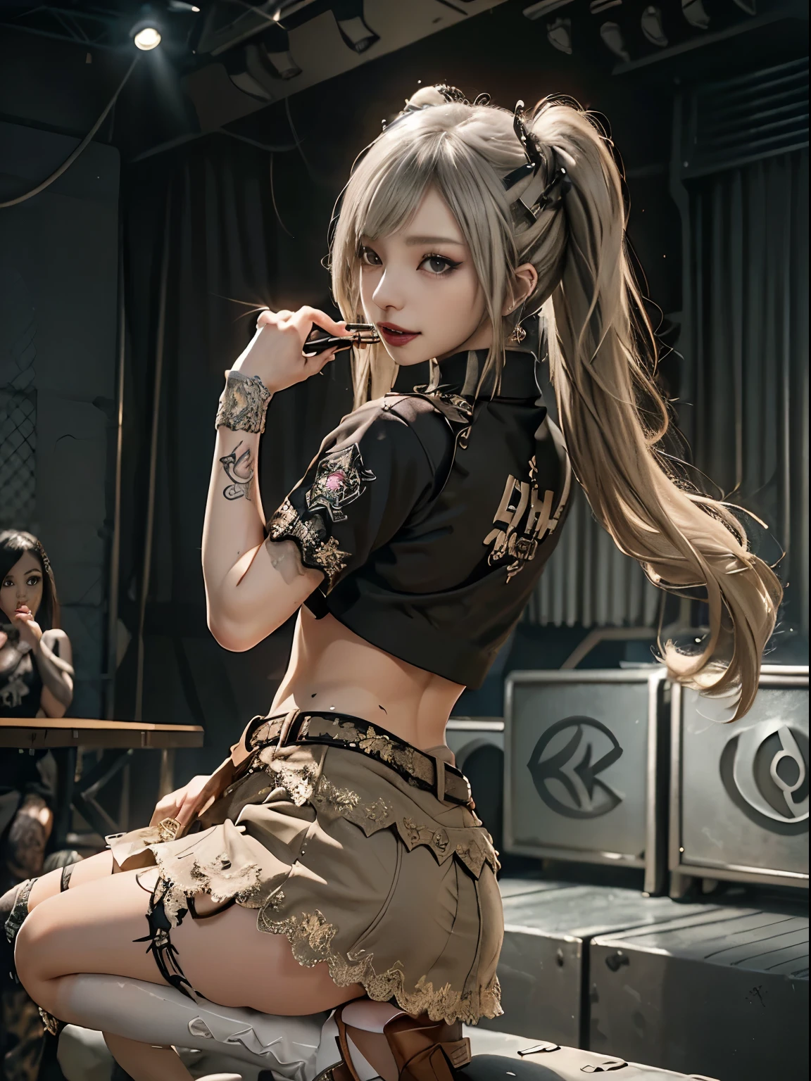 ( full body view:1.3)、(side view:1.1)、(show your teeth and laugh:1.3),(Beautiful whore:1.5)、( gothic chita-style fashion :1.5)、(Punk rock visuals:1.5)、( wear a polo shirt with delicate brown and khaki decorations:1.4)、( khaki and sugar lace or embellished mini skirt :1.5)、(Denim and brown western boots :1.3)、((Belt and Garrison Cap ))、(Delicate pattern applied to the entire outfit :1.4)、(collar:1.3)、(leopard print underwear:1.5)、20 years old、 on the body Be careful、((top quality、In 8K、masterpiece:1.3))、sharp focus:1.2、(layered cut、Huge :1.1),perfect figure:1.4、(Dancing:1.3)、Slim Abs:1.2、very detailed facial and skin textures、detailed eyes、double eyelids,(twin tails:1.3)、(Platinum and Cream Hair :1.3)、 Idol Sculpture、(The background is the stage for a nightclub musical show:1.3)、( because she's slender :1.3),(Slimming your legs:1.4),(collarbone:1.1)