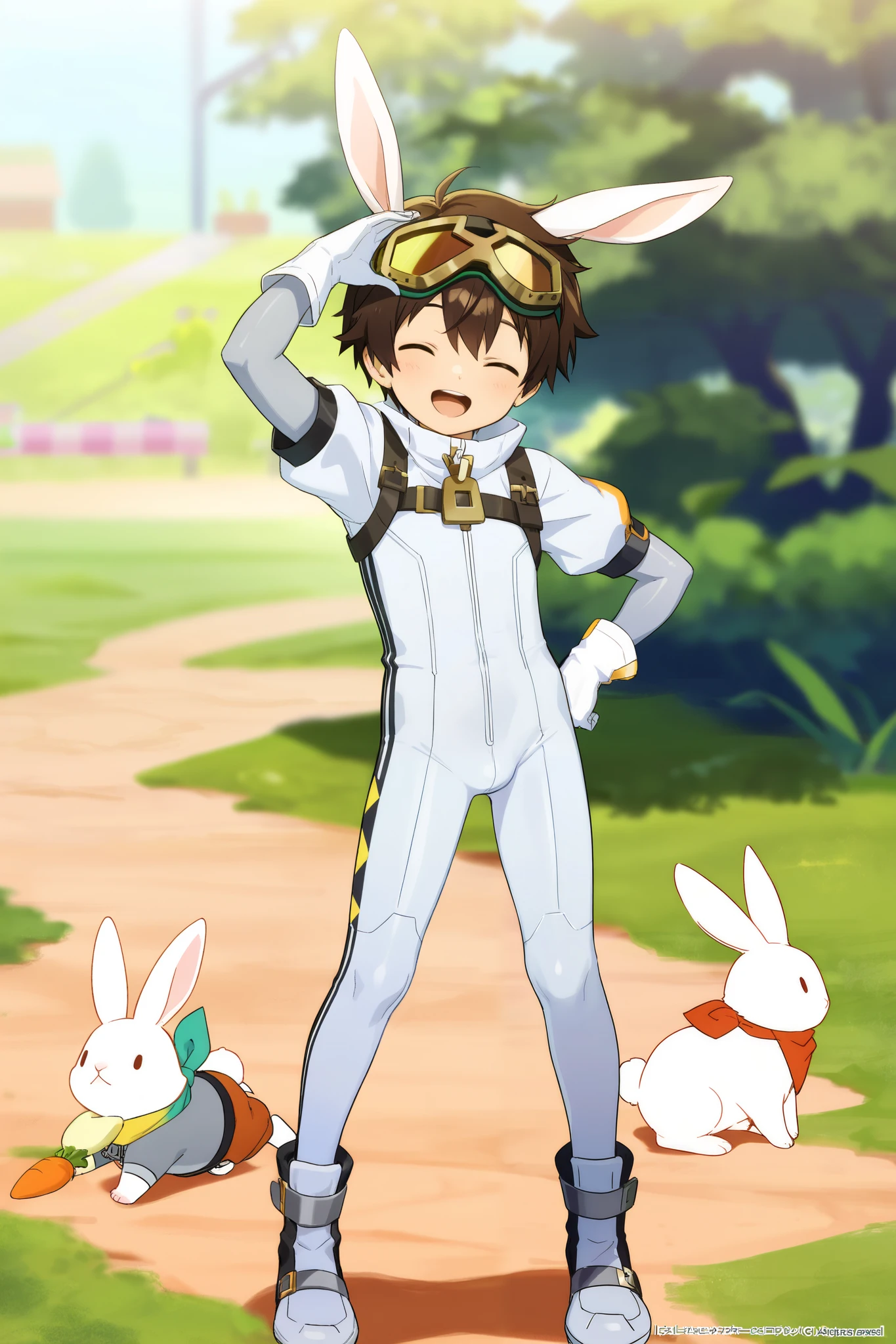 a boy, short hair,boy in a grey short-sleeved bodysuit,Standing,cute,A with brown hair in white pantyhose,Goggles,looped rabbit ears, masterpiece, Best Quality ,male focus, Shota,zipper,enjoy,happy,summer
