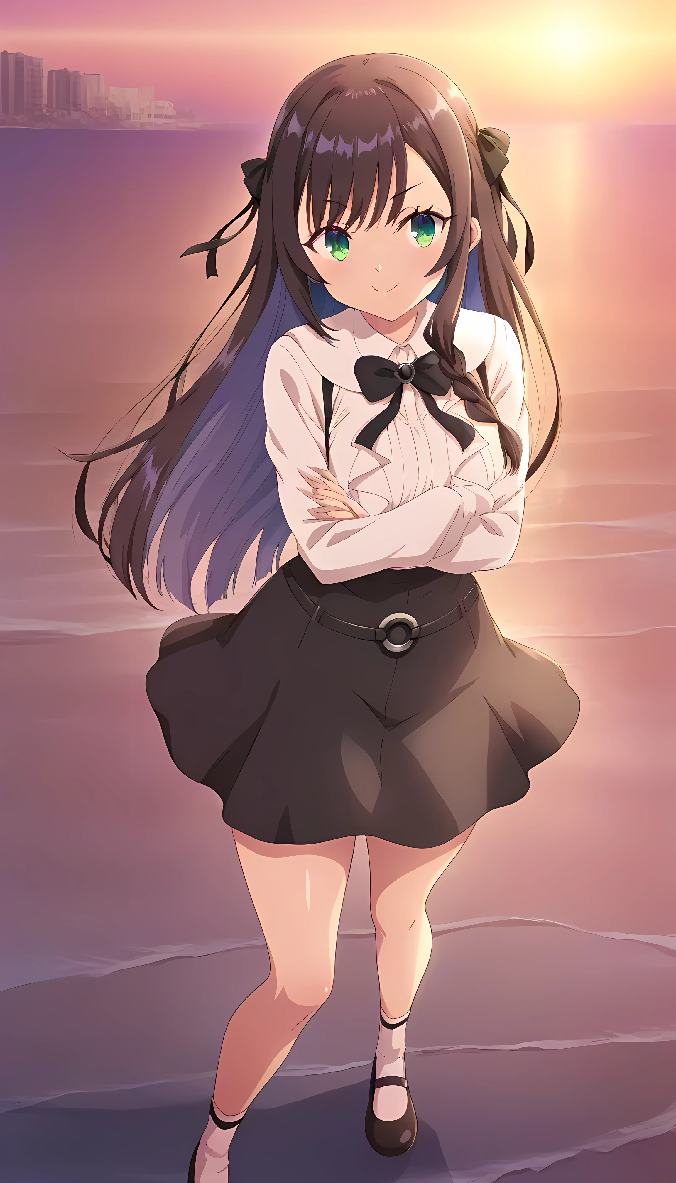 score_9, score_8_up, score_7_up, BREAK source_anime, (Anime Painting), (top quality),alina-default,
,
green eyes,black hair, long hair, hair ribbon,braid, frilled shirt,white shirt,long sleeves, black bow,high-waist skirt,black skirt,white socks,mary janes,
,
Shiny Eyes , beautiful eyes, fascinating, erotic,  shiny skin thighs, sexy, (Cute Illustrations:1.3), ( high chroma:1.3), detailed beautiful face and eyes, dynamic lighting,
,
 smile, Staring at Viewers,, Ray tracing ,
,
 extremely detailed background description, beach, an extremely delicate and beautiful harbour city,
