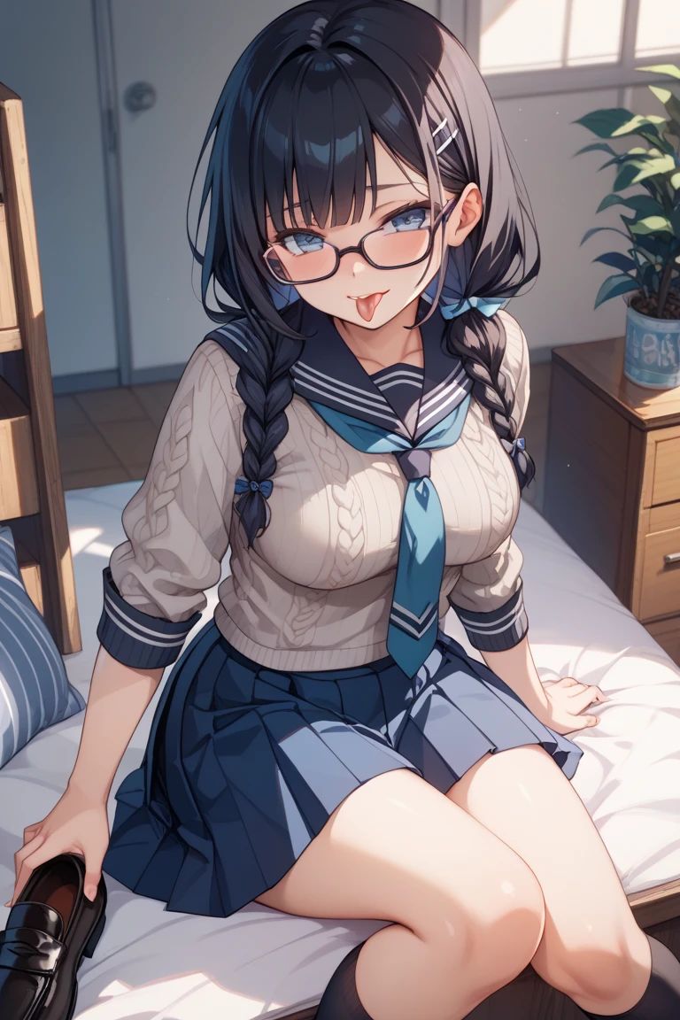masterpiece,highest quality,wonderful,finely,High resolution,1 girl, big breasts,(loose socks:1.3), black hair, glasses, green eyes,twin tails,full body