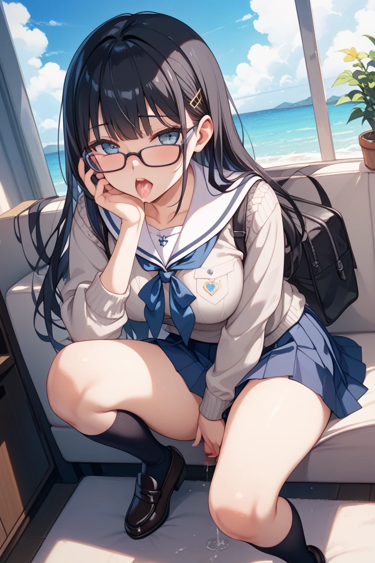 (Rear insertion position, ), Blonde hair and blue eyes, Long Hair, Cute Hips, , ,(Sailor suit、、White garter stockings、Headphones、Glasses), (On the bed), legs apart:1.3、sobbing:1.3、rolling eyes:1.5、tongue out:1.6,nsfw、BREAK Perfect Anatomy、Highest quality、(cute:1.1)、(cute)、(High resolution:1.2)、Unbelievably absurd:1.3、Incredible illustrations、(cuteイラスト:1.2)、Beautiful background、(1 girl) 、solo)、(10th Generation、JK、 face、Small breasts:1.2)、slender、、(female masturbation:1.3、crotch grab:1.2、pussy juice:1.5、peeing,cameltoe:1.3),、、、Eye highlights：0.1、