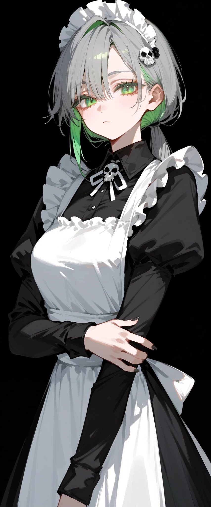 girl,Gray hair,two tone hair,Green Hair,long hair,in green eyes,Hairless Color,Skull Hairpins,black dress,Medium Bust, Tomboy,cute,Maid outfit,,milf, low ponytail ,black background,Long eyelashes, in the form of a whole body.,Cyber,long skirt,Long Sleeve Dress ,All Body Shape,Black Shoes