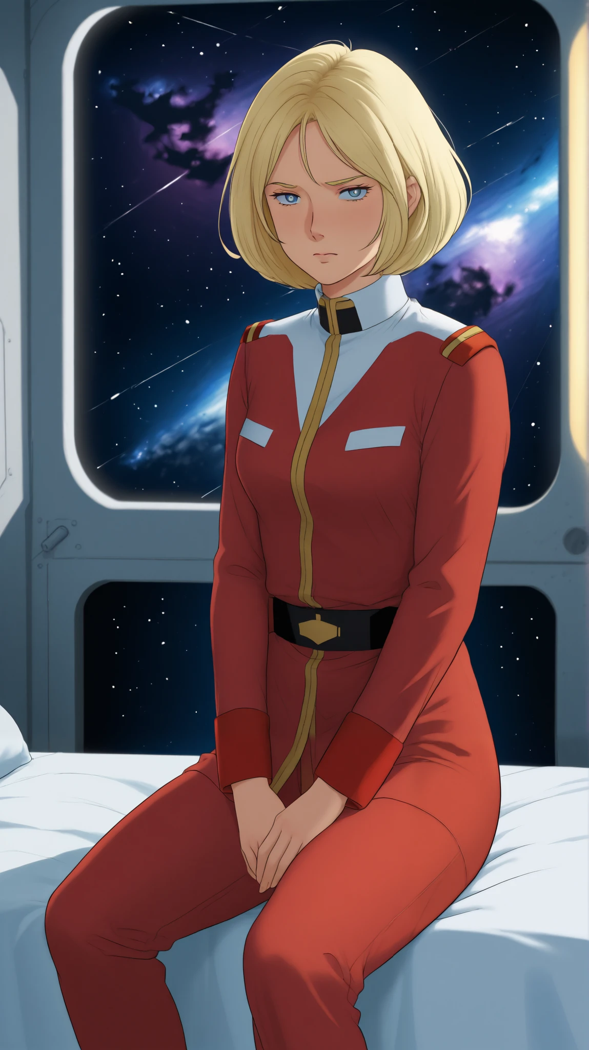 blonde blue-eyed female soldier solo 4K ,Cross your hands behind your body on the built-in bed The chest of a soldier's uniform is bare、 Inside a space battleship cell, Dark and grainy tones, masterpiece, Lighting for outdoor lights only rugged expression of 1 female