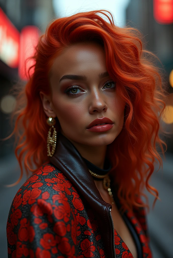 beautiful girl, half body portrait, short bright red disheveled hair, black eyeshadow, (street style wear:1.2), (city background:1.2), dark makeup, digital art, trending on artstation, highly detailed, fine detail, intricate, beautiful detailed glow, detailed, Cinematic light, highres, detailed facial features,sharp focus, smooth, aesthetic, boobs, breasts, legs