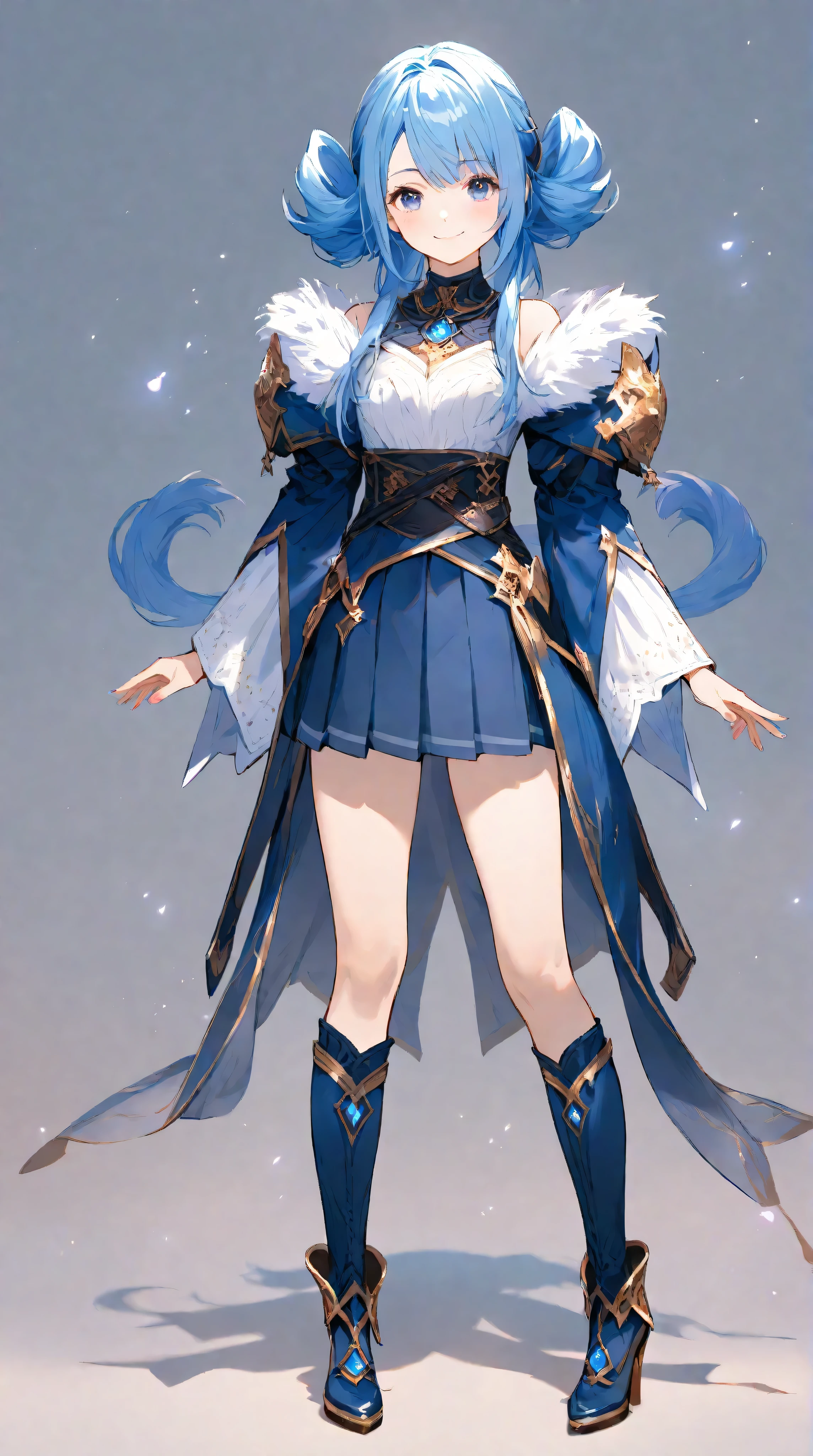 One girl, full body + standing, front view, simple background, blue hair, twin-tail hair, smiling, pleated skirt above knee, heels, young face, fantasy