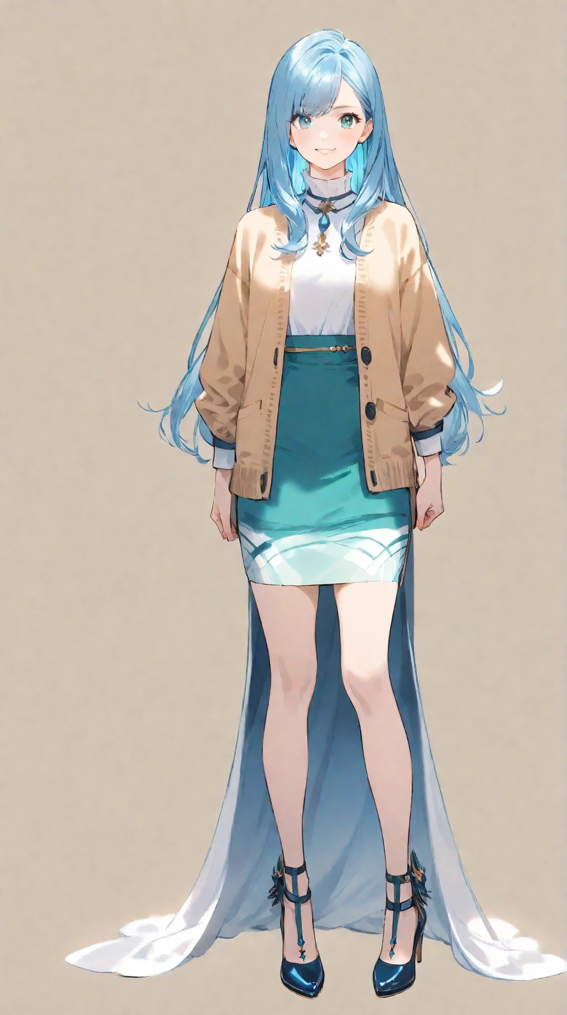 One girl, full body + standing, front view, simple background, blue hair, long hair, smiling, tight skirt above knee, cardigan, heels, young face, fantasy